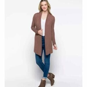 Lusso Cashmere Open Long Line Cardigan Size Medium Heather Caramel Shawl Collar